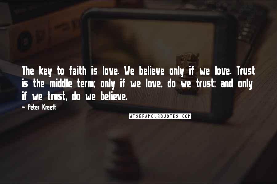 Peter Kreeft Quotes: The key to faith is love. We believe only if we love. Trust is the middle term; only if we love, do we trust; and only if we trust, do we believe.