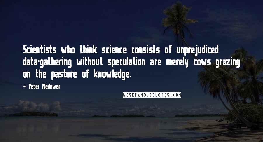 Peter Medawar Quotes: Scientists who think science consists of unprejudiced data-gathering without speculation are merely cows grazing on the pasture of knowledge.