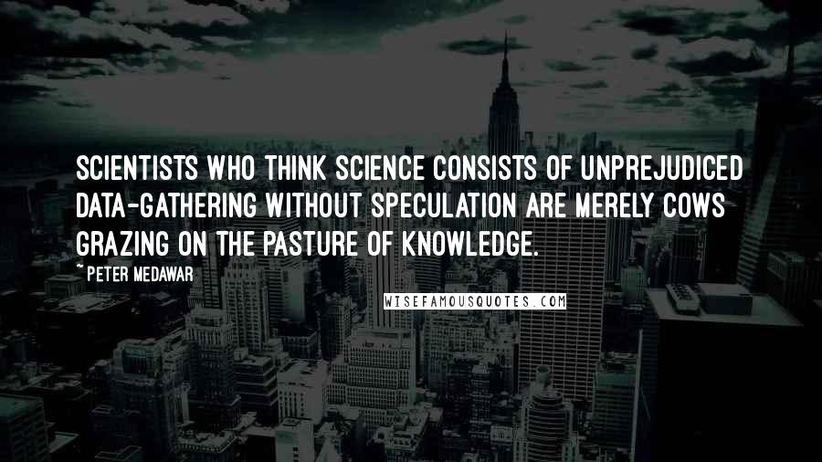 Peter Medawar Quotes: Scientists who think science consists of unprejudiced data-gathering without speculation are merely cows grazing on the pasture of knowledge.