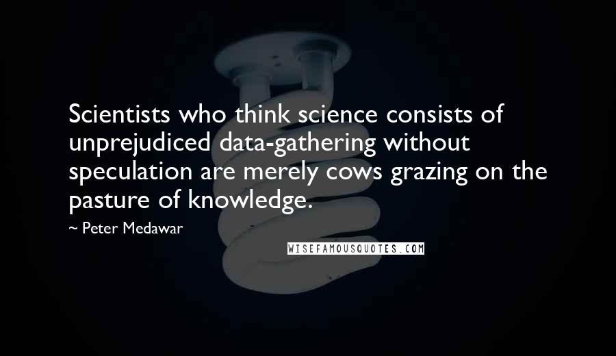 Peter Medawar Quotes: Scientists who think science consists of unprejudiced data-gathering without speculation are merely cows grazing on the pasture of knowledge.