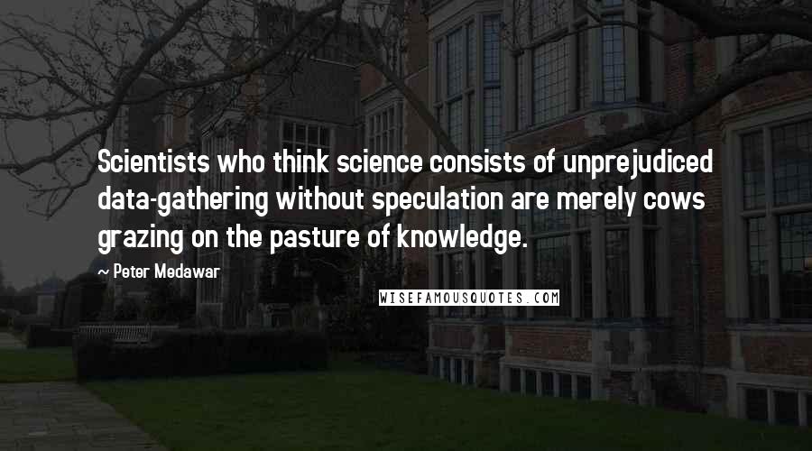 Peter Medawar Quotes: Scientists who think science consists of unprejudiced data-gathering without speculation are merely cows grazing on the pasture of knowledge.