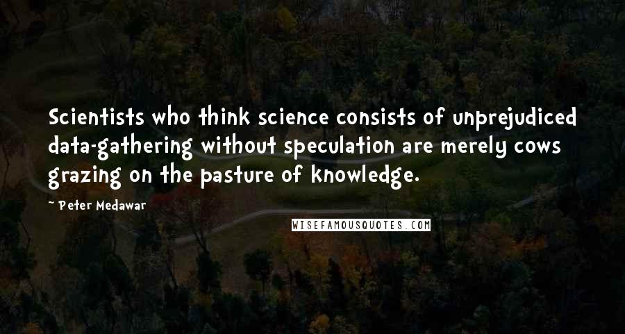 Peter Medawar Quotes: Scientists who think science consists of unprejudiced data-gathering without speculation are merely cows grazing on the pasture of knowledge.