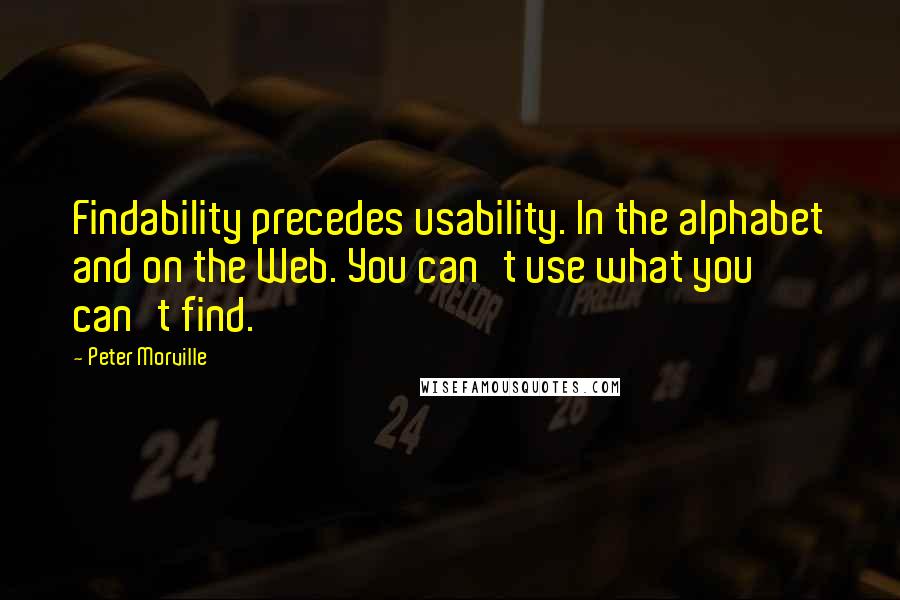 Peter Morville Quotes: Findability precedes usability. In the alphabet and on the Web. You can't use what you can't find.