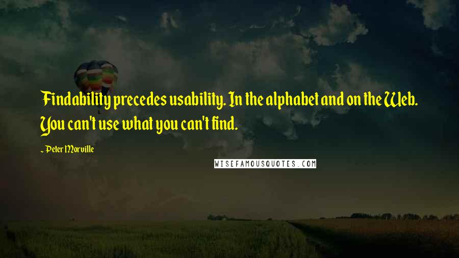 Peter Morville Quotes: Findability precedes usability. In the alphabet and on the Web. You can't use what you can't find.