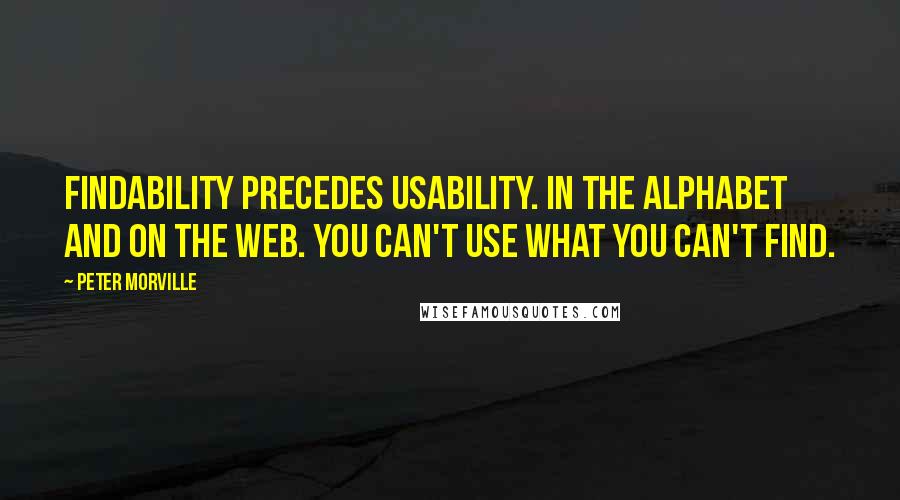 Peter Morville Quotes: Findability precedes usability. In the alphabet and on the Web. You can't use what you can't find.