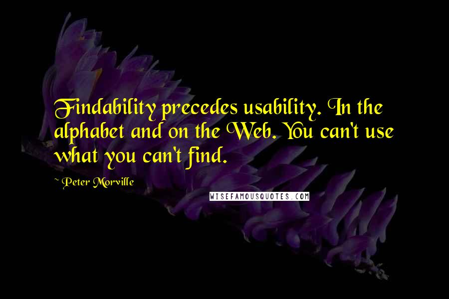 Peter Morville Quotes: Findability precedes usability. In the alphabet and on the Web. You can't use what you can't find.