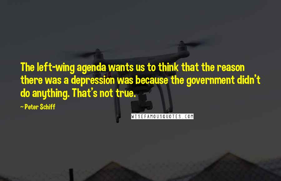 Peter Schiff Quotes: The left-wing agenda wants us to think that the reason there was a depression was because the government didn't do anything. That's not true.