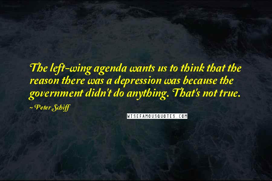 Peter Schiff Quotes: The left-wing agenda wants us to think that the reason there was a depression was because the government didn't do anything. That's not true.