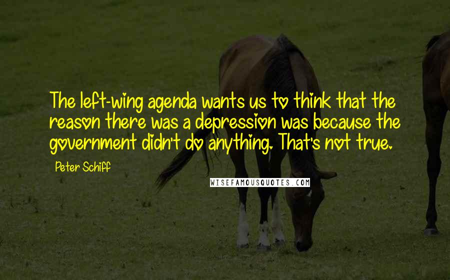 Peter Schiff Quotes: The left-wing agenda wants us to think that the reason there was a depression was because the government didn't do anything. That's not true.