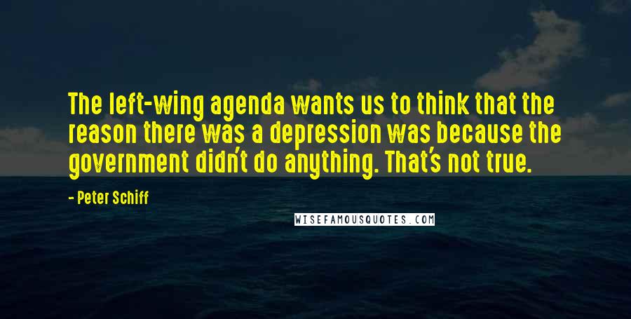 Peter Schiff Quotes: The left-wing agenda wants us to think that the reason there was a depression was because the government didn't do anything. That's not true.