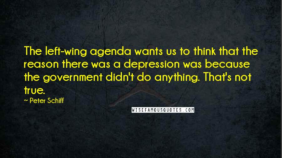 Peter Schiff Quotes: The left-wing agenda wants us to think that the reason there was a depression was because the government didn't do anything. That's not true.