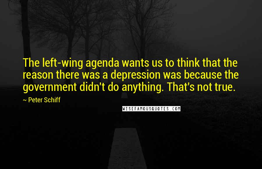 Peter Schiff Quotes: The left-wing agenda wants us to think that the reason there was a depression was because the government didn't do anything. That's not true.