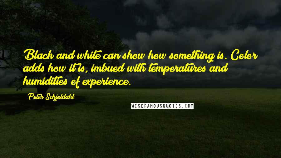 Peter Schjeldahl Quotes: Black and white can show how something is. Color adds how it is, imbued with temperatures and humidities of experience.