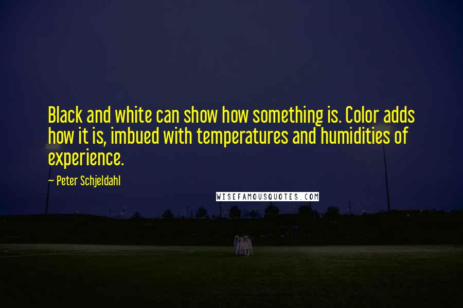 Peter Schjeldahl Quotes: Black and white can show how something is. Color adds how it is, imbued with temperatures and humidities of experience.