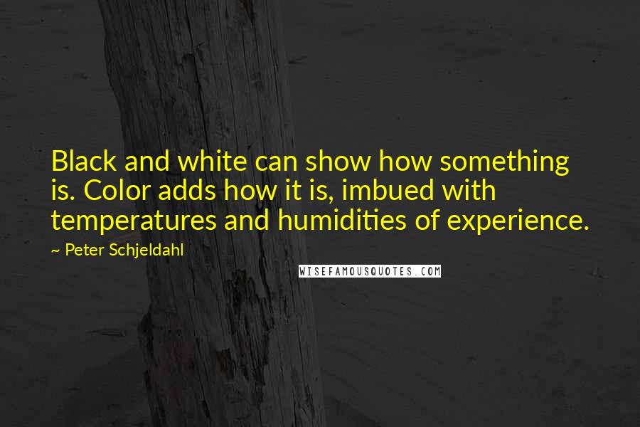 Peter Schjeldahl Quotes: Black and white can show how something is. Color adds how it is, imbued with temperatures and humidities of experience.