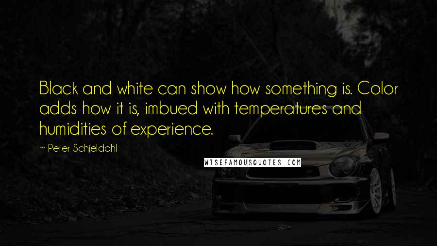 Peter Schjeldahl Quotes: Black and white can show how something is. Color adds how it is, imbued with temperatures and humidities of experience.