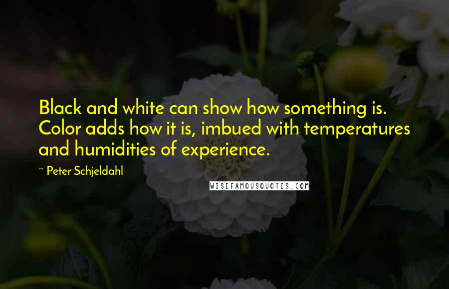 Peter Schjeldahl Quotes: Black and white can show how something is. Color adds how it is, imbued with temperatures and humidities of experience.