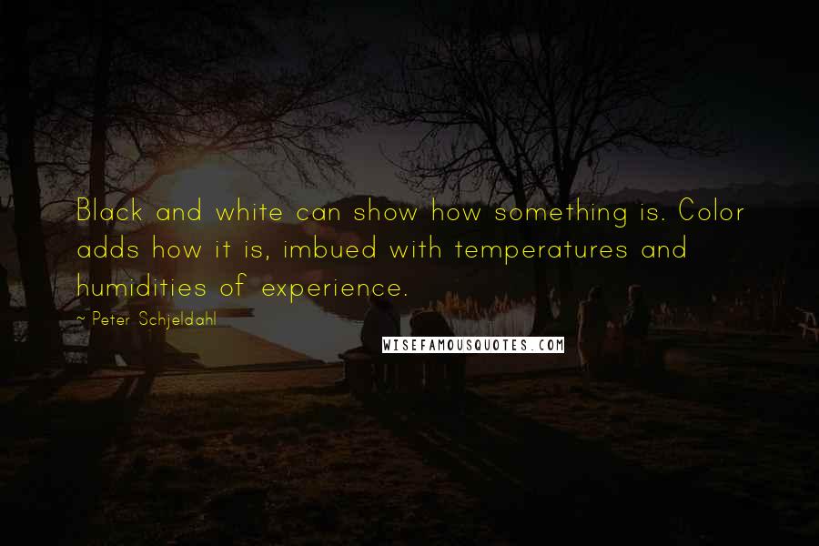 Peter Schjeldahl Quotes: Black and white can show how something is. Color adds how it is, imbued with temperatures and humidities of experience.