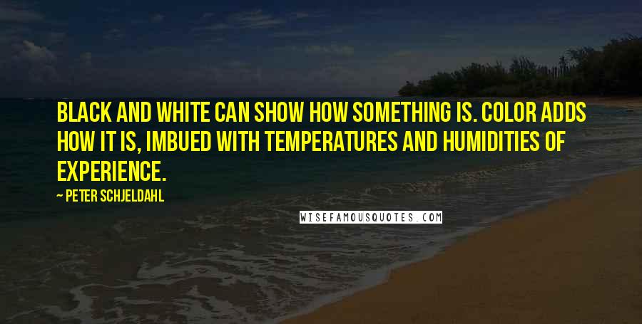 Peter Schjeldahl Quotes: Black and white can show how something is. Color adds how it is, imbued with temperatures and humidities of experience.
