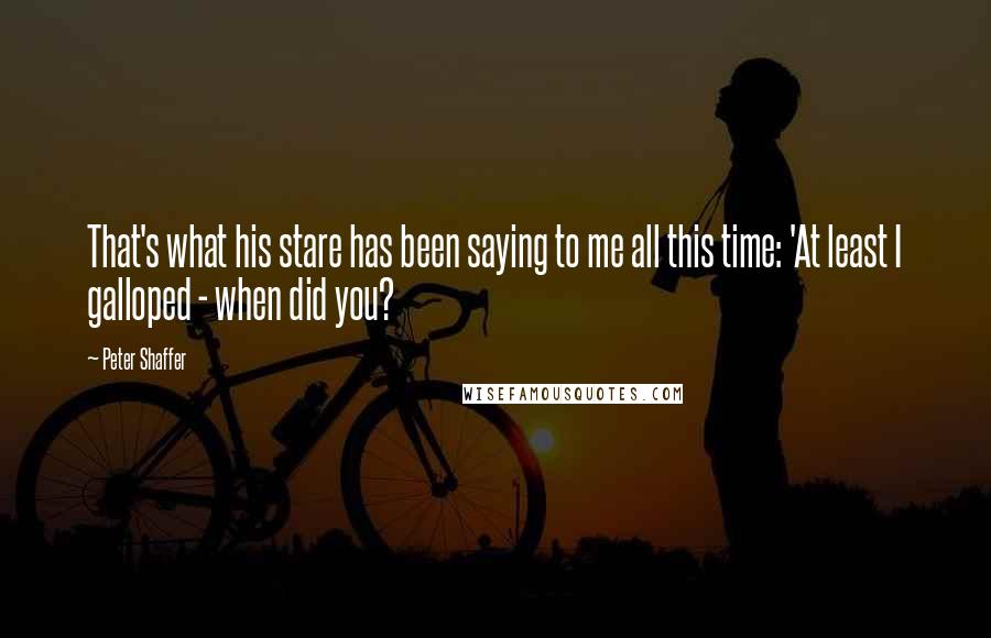 Peter Shaffer Quotes: That's what his stare has been saying to me all this time: 'At least I galloped - when did you?