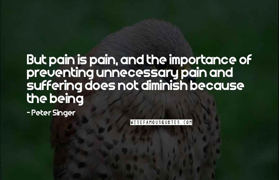 Peter Singer Quotes: But pain is pain, and the importance of preventing unnecessary pain and suffering does not diminish because the being