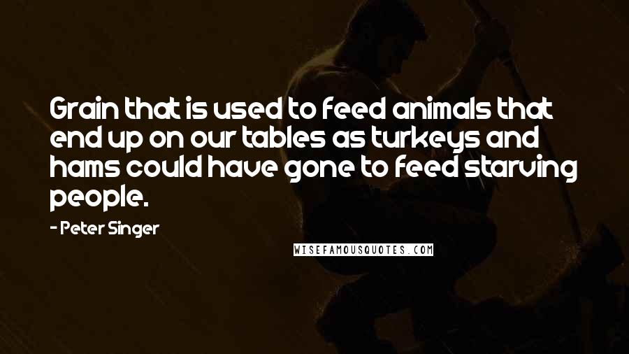 Peter Singer Quotes: Grain that is used to feed animals that end up on our tables as turkeys and hams could have gone to feed starving people.