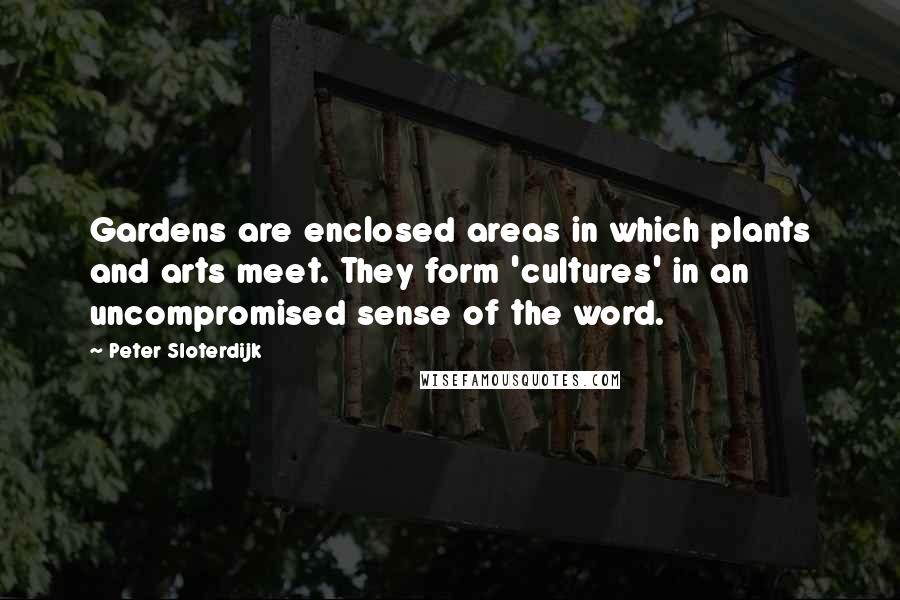 Peter Sloterdijk Quotes: Gardens are enclosed areas in which plants and arts meet. They form 'cultures' in an uncompromised sense of the word.