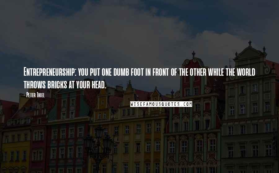 Peter Thiel Quotes: Entrepreneurship: you put one dumb foot in front of the other while the world throws bricks at your head.