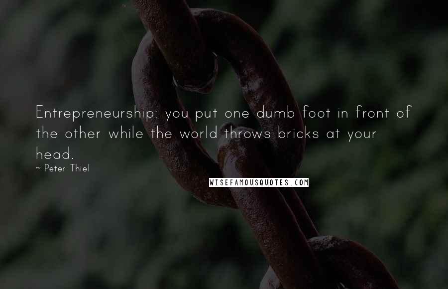 Peter Thiel Quotes: Entrepreneurship: you put one dumb foot in front of the other while the world throws bricks at your head.