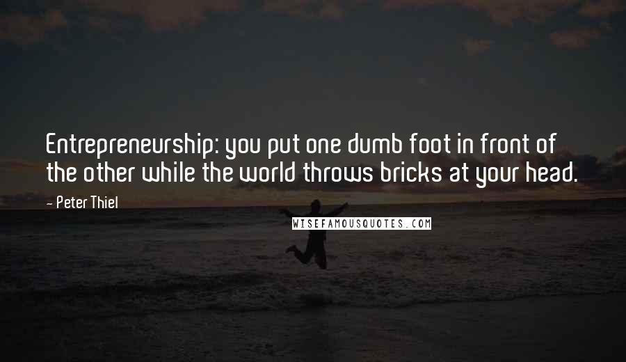 Peter Thiel Quotes: Entrepreneurship: you put one dumb foot in front of the other while the world throws bricks at your head.