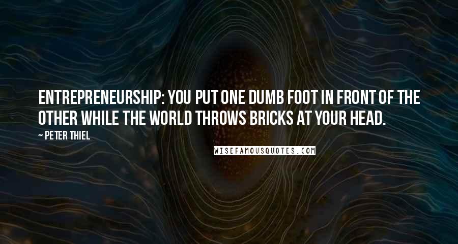 Peter Thiel Quotes: Entrepreneurship: you put one dumb foot in front of the other while the world throws bricks at your head.