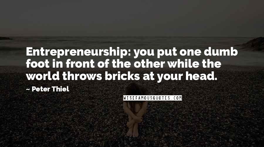 Peter Thiel Quotes: Entrepreneurship: you put one dumb foot in front of the other while the world throws bricks at your head.