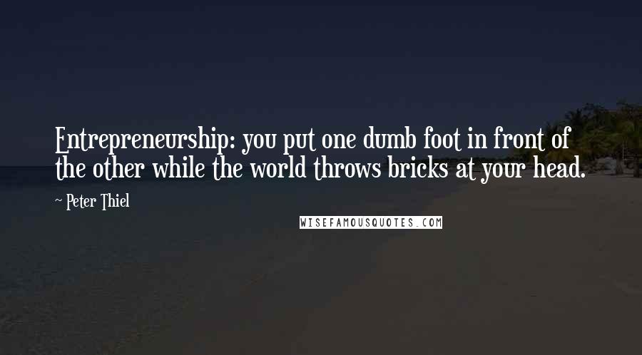 Peter Thiel Quotes: Entrepreneurship: you put one dumb foot in front of the other while the world throws bricks at your head.