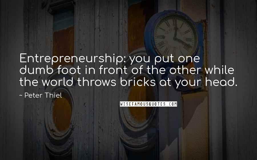 Peter Thiel Quotes: Entrepreneurship: you put one dumb foot in front of the other while the world throws bricks at your head.