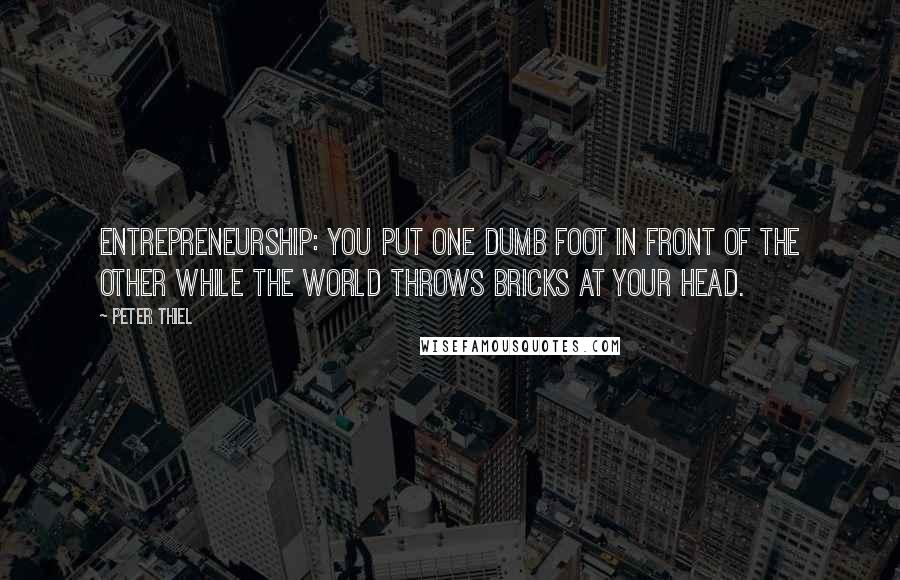 Peter Thiel Quotes: Entrepreneurship: you put one dumb foot in front of the other while the world throws bricks at your head.