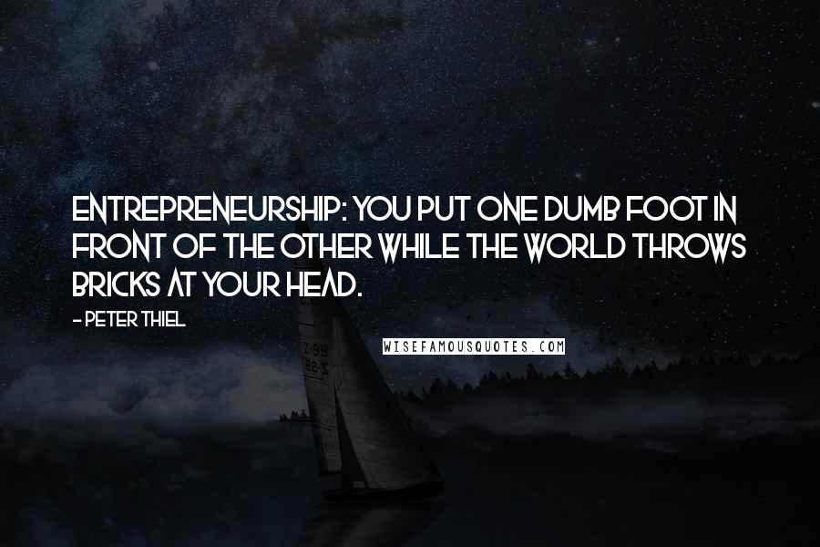 Peter Thiel Quotes: Entrepreneurship: you put one dumb foot in front of the other while the world throws bricks at your head.