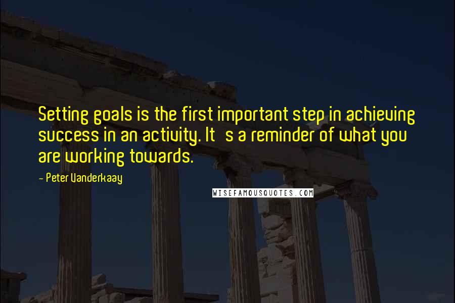 Peter Vanderkaay Quotes: Setting goals is the first important step in achieving success in an activity. It's a reminder of what you are working towards.