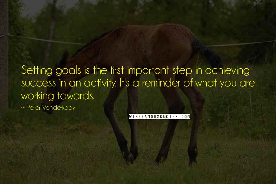 Peter Vanderkaay Quotes: Setting goals is the first important step in achieving success in an activity. It's a reminder of what you are working towards.