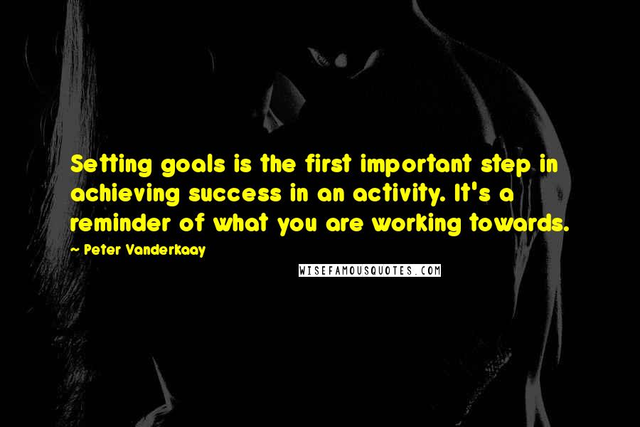 Peter Vanderkaay Quotes: Setting goals is the first important step in achieving success in an activity. It's a reminder of what you are working towards.