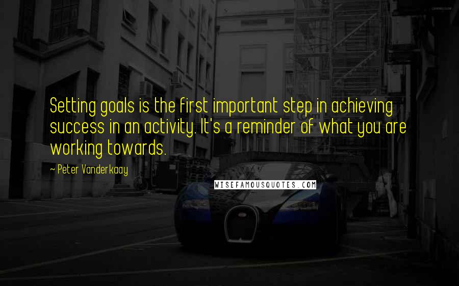 Peter Vanderkaay Quotes: Setting goals is the first important step in achieving success in an activity. It's a reminder of what you are working towards.