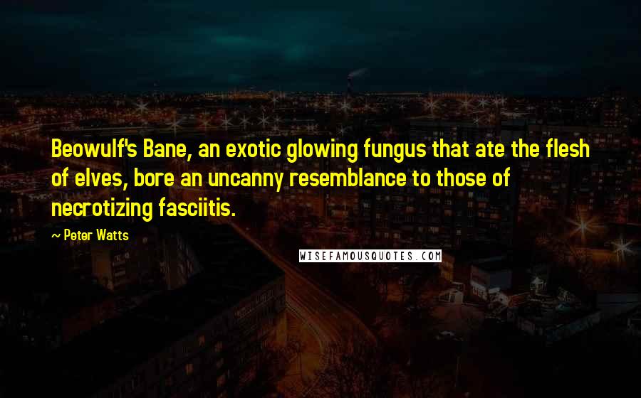 Peter Watts Quotes: Beowulf's Bane, an exotic glowing fungus that ate the flesh of elves, bore an uncanny resemblance to those of necrotizing fasciitis.