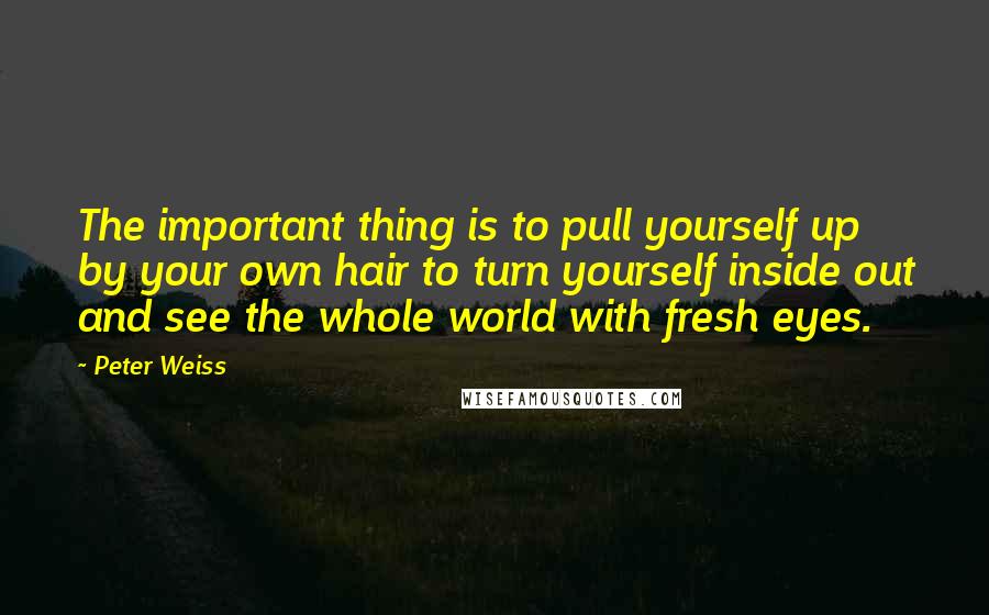 Peter Weiss Quotes: The important thing is to pull yourself up by your own hair to turn yourself inside out and see the whole world with fresh eyes.