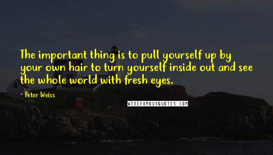 Peter Weiss Quotes: The important thing is to pull yourself up by your own hair to turn yourself inside out and see the whole world with fresh eyes.