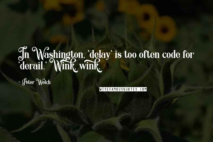 Peter Welch Quotes: In Washington, 'delay' is too often code for 'derail.' Wink, wink.