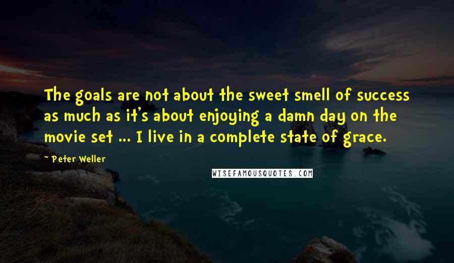 Peter Weller Quotes: The goals are not about the sweet smell of success as much as it's about enjoying a damn day on the movie set ... I live in a complete state of grace.