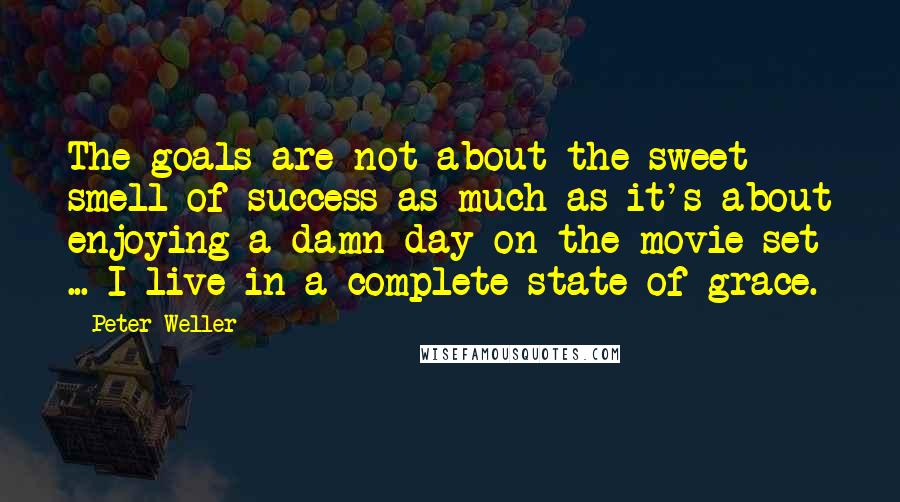 Peter Weller Quotes: The goals are not about the sweet smell of success as much as it's about enjoying a damn day on the movie set ... I live in a complete state of grace.