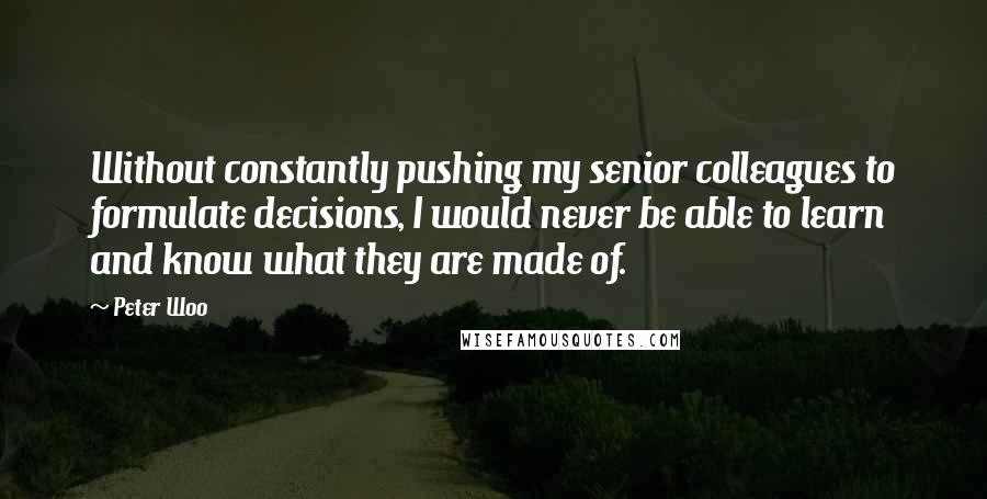 Peter Woo Quotes: Without constantly pushing my senior colleagues to formulate decisions, I would never be able to learn and know what they are made of.