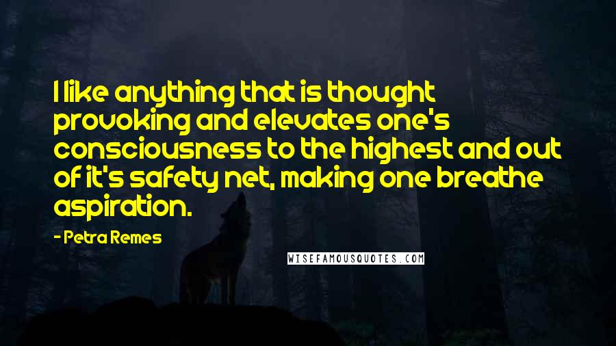 Petra Remes Quotes: I like anything that is thought provoking and elevates one's consciousness to the highest and out of it's safety net, making one breathe aspiration.