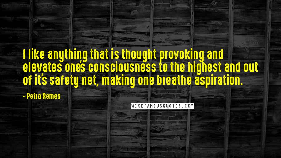 Petra Remes Quotes: I like anything that is thought provoking and elevates one's consciousness to the highest and out of it's safety net, making one breathe aspiration.