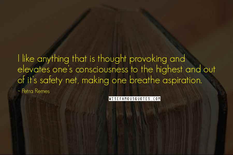 Petra Remes Quotes: I like anything that is thought provoking and elevates one's consciousness to the highest and out of it's safety net, making one breathe aspiration.